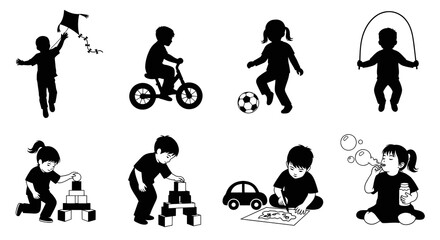 Obraz premium Children Play Activities Silhouette Icons Set - Childhood Games Kids Playtime Glyphs