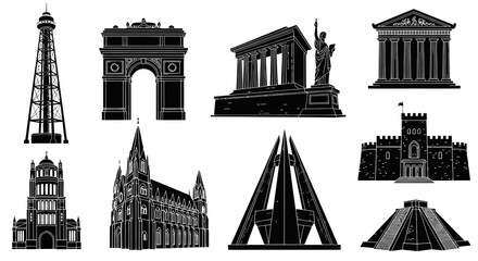 Obraz premium World Landmarks Silhouette Vector Art - Famous Architecture Buildings Collection