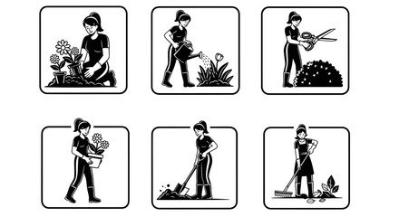 Obraz premium Gardening Woman Line Art Glyphs: Gardener with Tools, Plants Flowers Icon Set