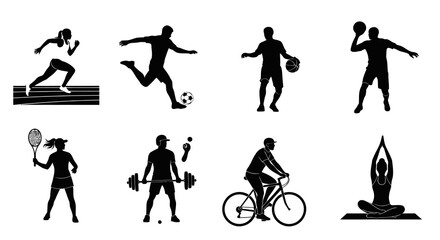 Obraz premium Sports Fitness Athletes Silhouettes: Black White Icon Set of Various Activities