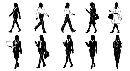 Fototapeta premium Corporate Businesswomen Silhouettes Vector Set - Professional Female Executives Walking Working