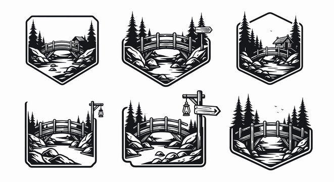 Vintage Outdoor Adventure Bridge, River, Forest Black  White Line Art Emblems Set