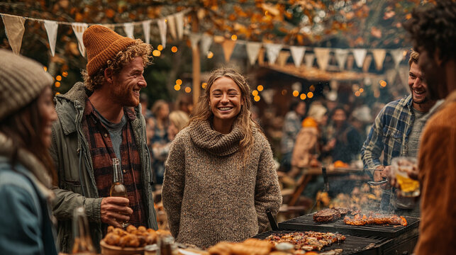 happy crowd at autumn tailgate party grilling food outdoors while chatting together under fluttering team flags in a festive fall gathering full of fun and community spirit