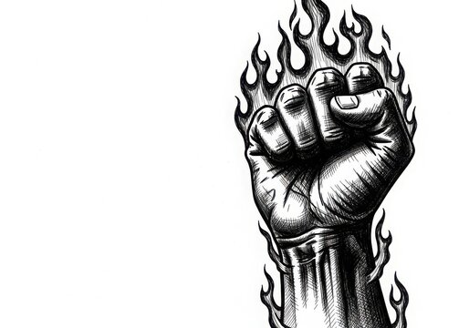 A clenched fist surrounded by flames