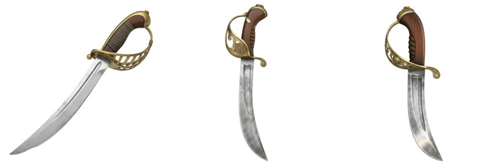 Obraz premium Set of 3D Pirate Cutlass Swords Isolated on White Background - Antique Naval Saber with Golden Hilt and Curved Steel Blade for Adventure and Maritime Concepts