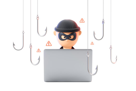 Cartoon hacker figure using laptop with surrounding hooks in simple style on white background, concept of phishing danger and cybersecurity risk, 3D Rendering
