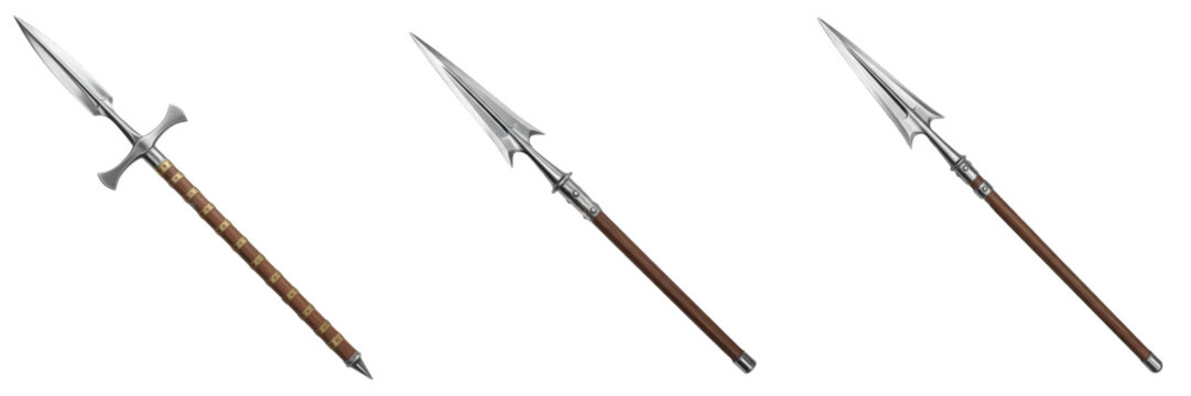 Medieval Halberd with Double-Edged Blade and Wooden Shaft Isolated on White Background