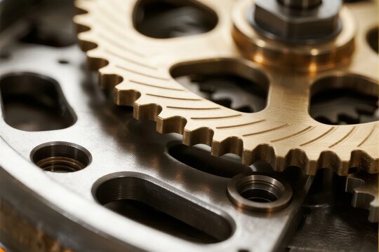 Close-up of interlocking metallic gears in mechanical assembly