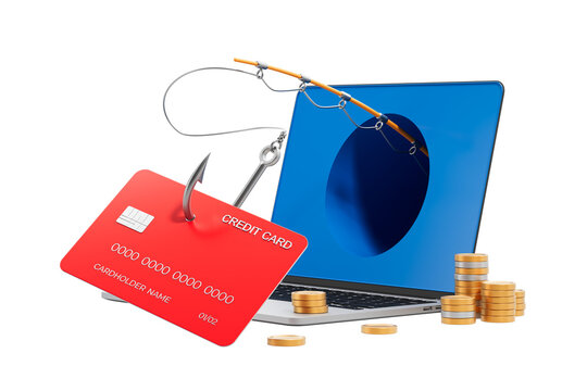 Red credit card on hook near laptop with coins in detailed style on white background showing phishing concept, enhanced with 3D Rendering