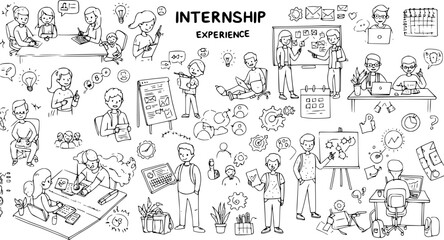 Internship Experience Black and White Line Art Doodle. Hand Drawn Business, Education, and Technology Scenes for Professional Development and Office Work