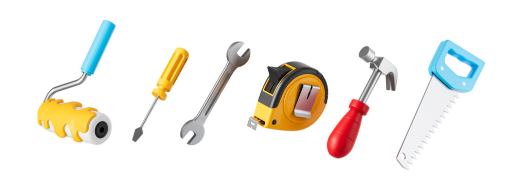 Collection of construction tools shown in colorful 3D Rendering on isolated white background, concept of repair and maintenance equipment selection