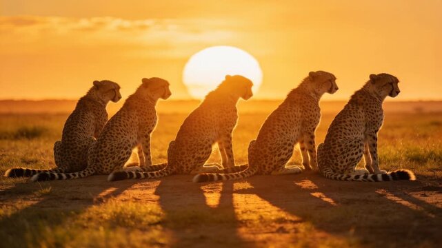 cheetahs sitting and resting with sunrise backward static camera video