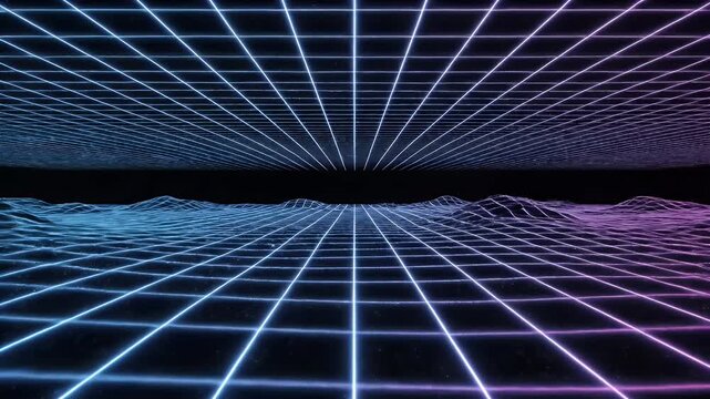 Blue to purple gradient perspective grid with horizontal light bands, abstract aesthetic