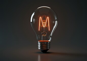 Large clear light bulb with orange glowing filament shaped like M on dark background