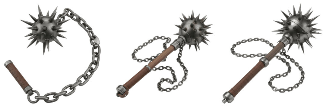 Medieval Morning Star Weapon with Spiked Ball and Chain Isolated on White Background