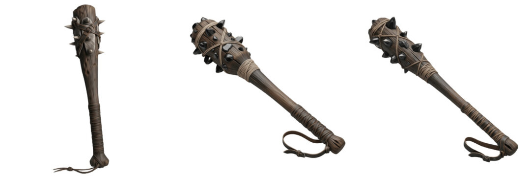 Medieval Spiked Mace with Wooden Handle Isolated on White Background