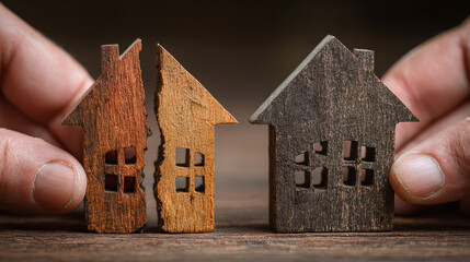 property division concept showing hands pulling apart two wooden houses to illustrate divorce settlement real estate separation legal dispute and split home ownership