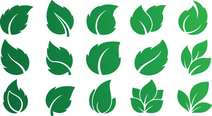 Various green leaf icons arranged in rows on transparent background.