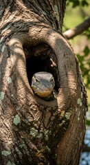 Monitor Lizard Peeking Out of Tree Hollow in Natural Habitat.