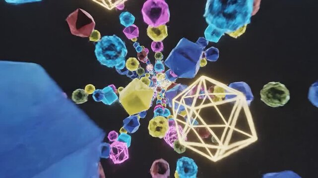 Abstract tunnel of glowing colorful geometric shapes moving through dark space