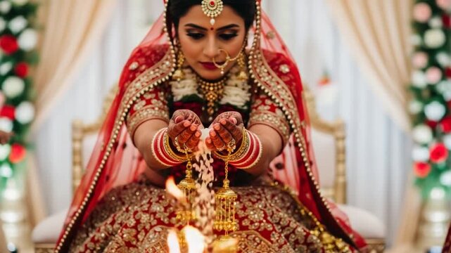 Woman Pouring Grain Over Fire During Traditional Ceremony Event