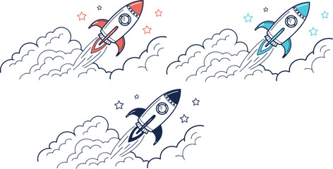 Fototapeta premium Rocket space launch icon set with clouds and stars for startup projects vector illustration
