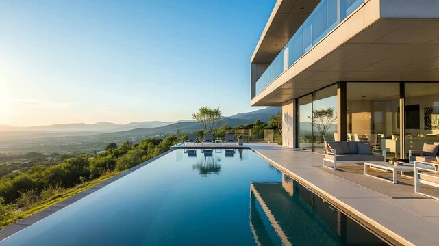 Modern villa with infinity pool overlooking a scenic landscape at sunset, ideal for luxury retreats