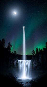 Nighttime waterfall with beam light and aurora.