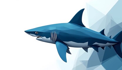 Fototapeta premium Low poly blue shark isolated on white background, geometric underwater predator.
