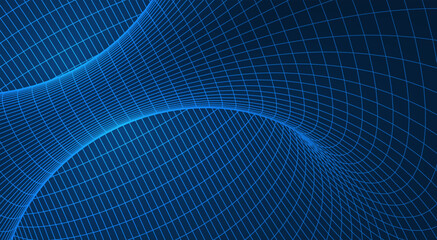 Futuristic AI neural network tunnel with 3D wireframe mesh and neon glowing geometric grid lines representing machine learning and digital mind, science vector illustration. © ludmila_m