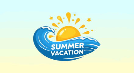 Fototapeta premium Summer vacation illustration with wave and sun.