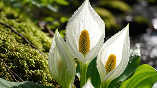 White Calla Lily Flowers Blooming Near Stream