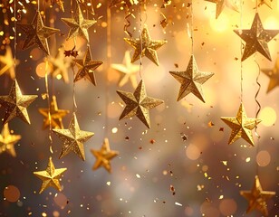 Golden stars dangle with ribbon and confetti against a glowing bokeh backdrop. Festive and celebratory