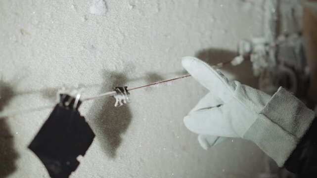 Gloved hand points at frozen clothesline with clipped fabric tags, survivor forager inspects tentative messages and notes, ashdusted rope and dark pieces flutter in cold light, careful gesture