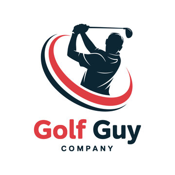 Golf guy company logo with golfer silhouette and red swoosh design