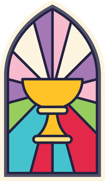 Stained glass window featuring a golden chalice, representing religious themes and sacrament