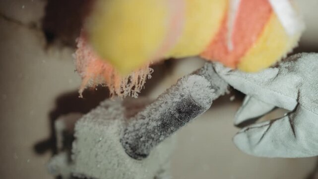 Frosted sample tube and gloved hand, technician inspects fallout residue in lab setting, cold ash particles cling to metal surface, closeup of instrument and meter, tense clinical atmosphere