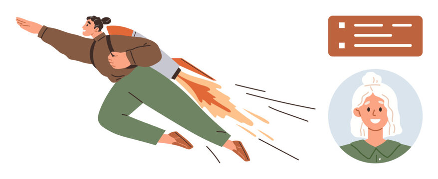 Career growth, teamwork, innovation, personal development, leadership, success motivation. Person flying with rocket backpack and avatar profile. Career growth and teamwork concept