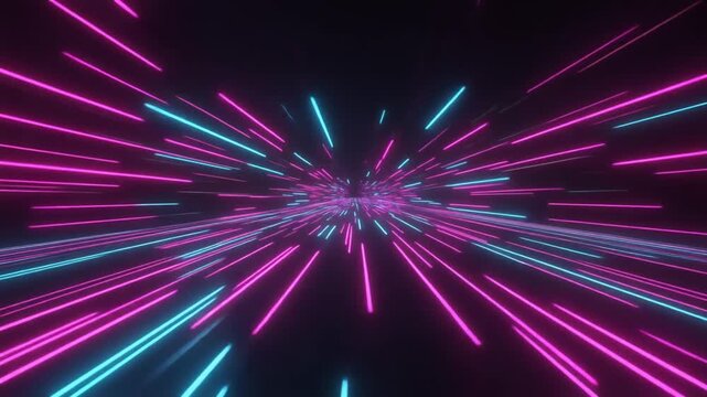 Abstract futuristic digital background with neon light streaks and glowing particles zooming through a dark expanse