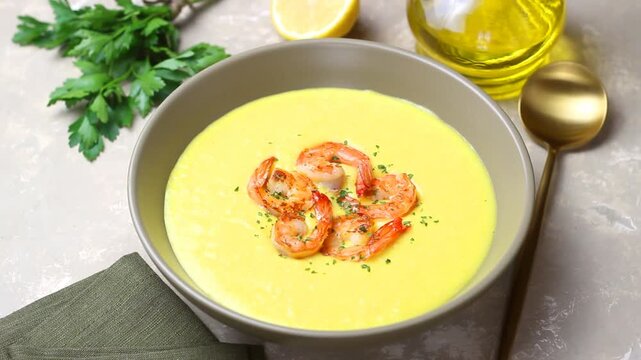 Creamy corn soup with shrimps. Healthy eating. Vegetarian food. Diet.