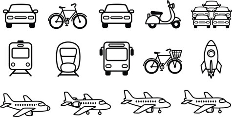 Vector Transportation Icon Set Featuring Black Line Art Of Cars, Airplanes, Bicycles, Bus, Train, Scooter, Rocket, And Traffic For Travel Design © Shohidul