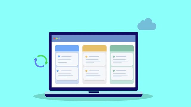 Flat vector animation of laptop dashboard with cloud and sync arrows representing data synchronization, cloud computing workflow, and digital information management.