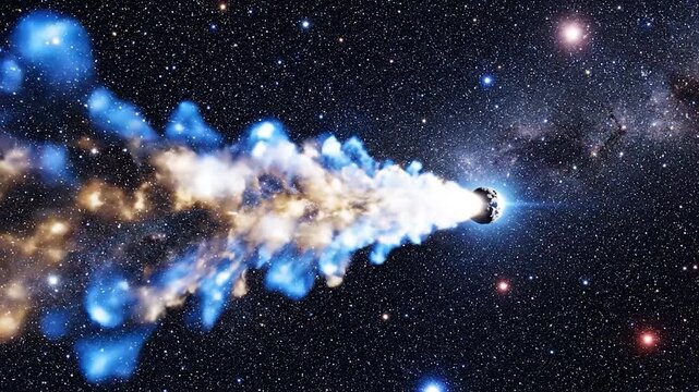 A celestial body with a fiery trail streaks across a star-filled background