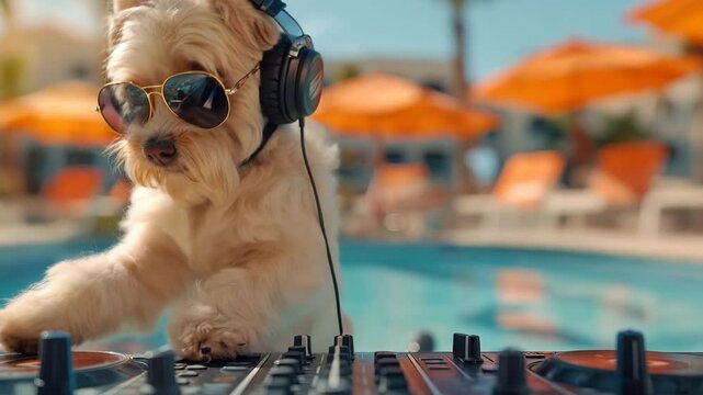Cute dog DJ wearing headphones and sunglasses playing music at a pool party 4k video