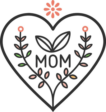 elegant line vector icon of heart with &ldquo;Mom&rdquo; lettering and small flowers, minimal outline style, isolated on white background.