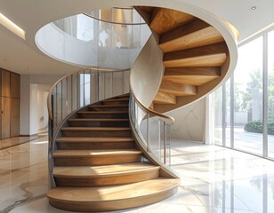 A modern spiral staircase with wooden steps and glass railings
