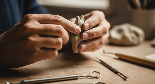 Hands Holding Small Object with Tools.