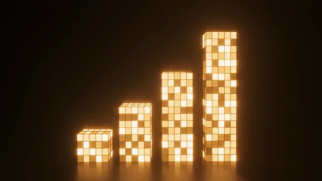 Glowing Pixelated Bar Chart Illustrating Upward Trend and Growth, Representing Data Analysis and Financial Progress