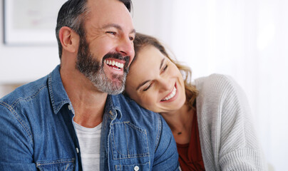 Relax, happy and love with couple on sofa in home for bonding, connection and support. Weekend...