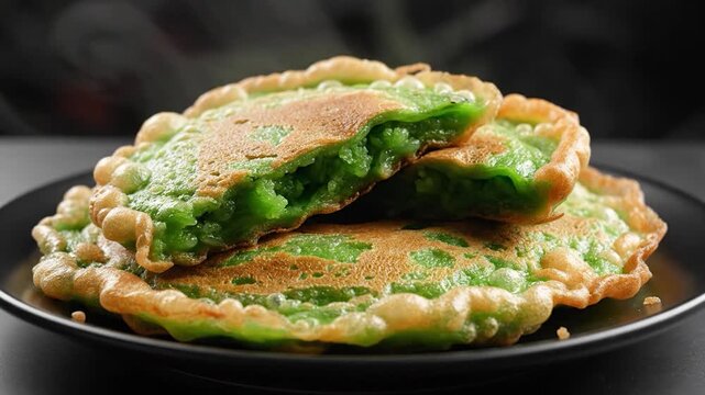 Close up green pancakes stacked on plate